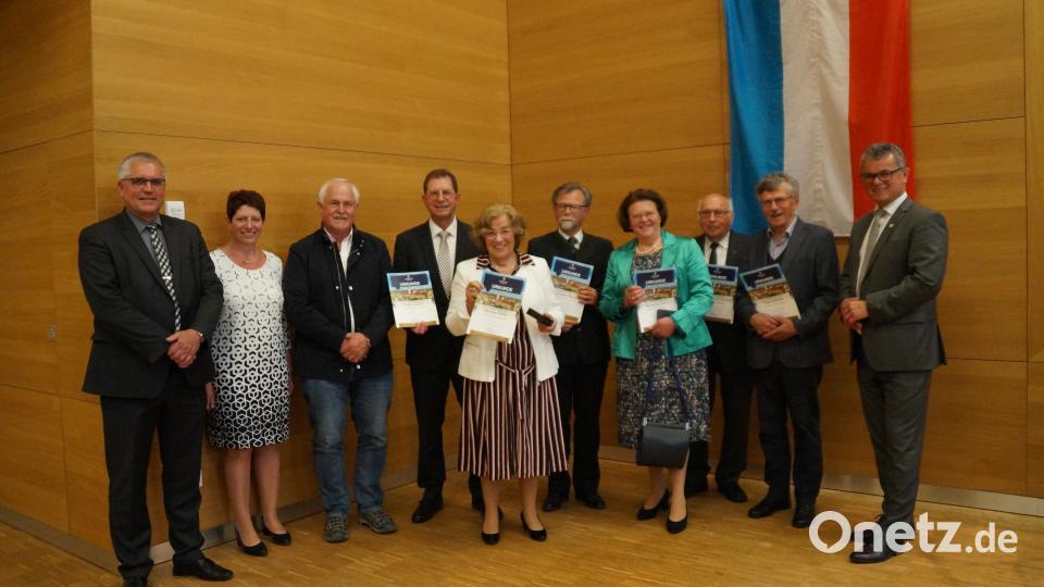Stellvertretender Landrat Richard Tischler, Stellvertretende Bürgermeisterin Margit Reichl (von links) sowie Bürgermeister Martin Birner (rechts) freuten sich über das ehrenamtliche Engagement für die Stadt und überreichten Urkunden an Anton Scherr (Dritter von links), Klaus Zeiser, Margot Weber, Richard Wagner, Marianne Deml. Pfarrer Andreas Hanauer und Ehrenbürger Theo Männer (von links). Bild: wel
