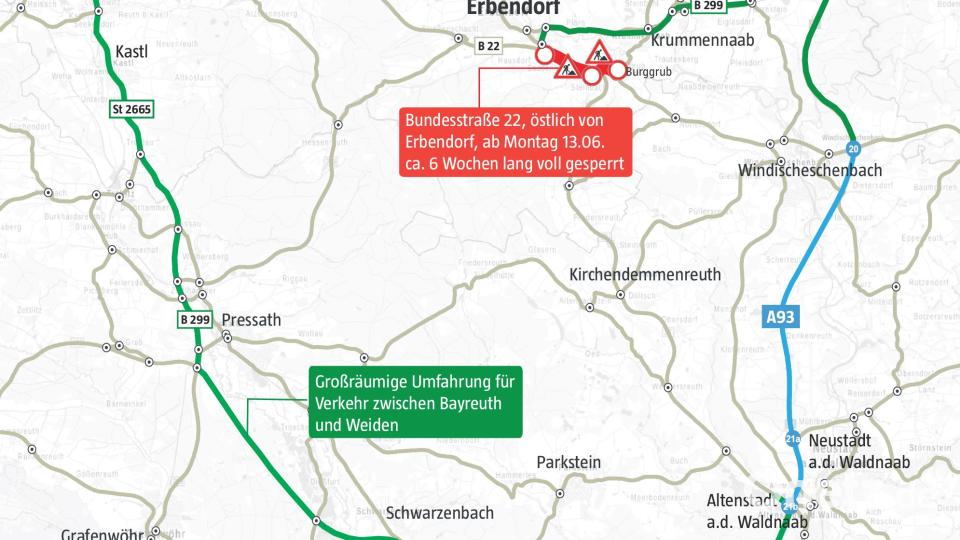 Das Staatliche Bauamt Amberg-Sulzbach richtet wegen der Baustelle auf der B22 bei Erbendorf weiträumige Umleitungen ein. Grafik: Oberpfalz-Medien/Quelle: Staatliches Bauamt Amberg-Sulzbach