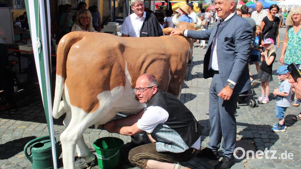 Bürgermeister Roman Schäffler (links) und Landrat Roland Grillmeier lieferten sich ein Duell im Kuhmelken. Bild: stg