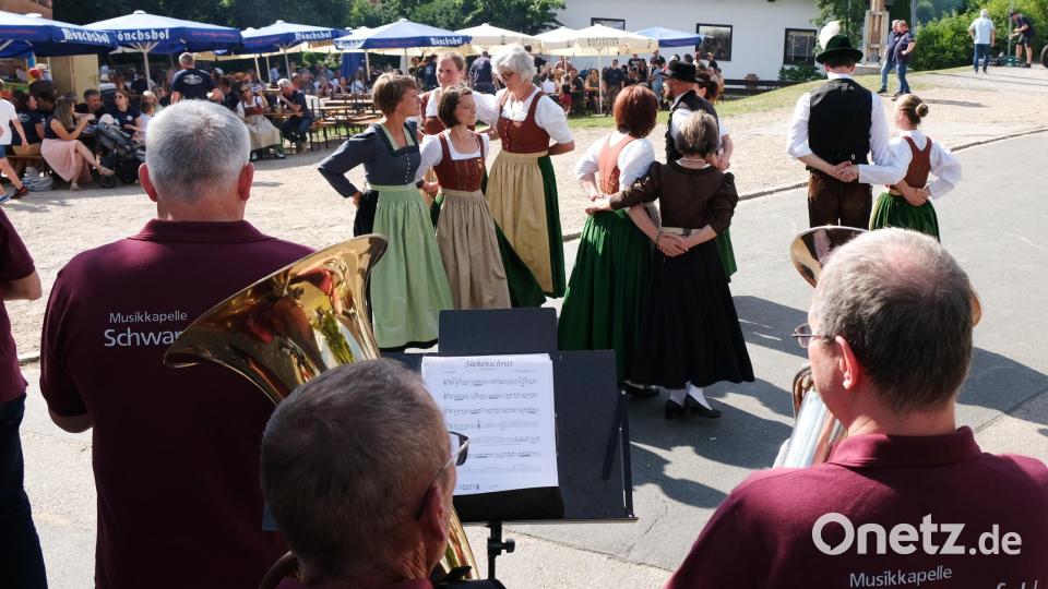 Musik und Tracht gehören beim Tanz der Trachtler vor dem Baum und vielen Zuschauern zusammen. Bild: mab