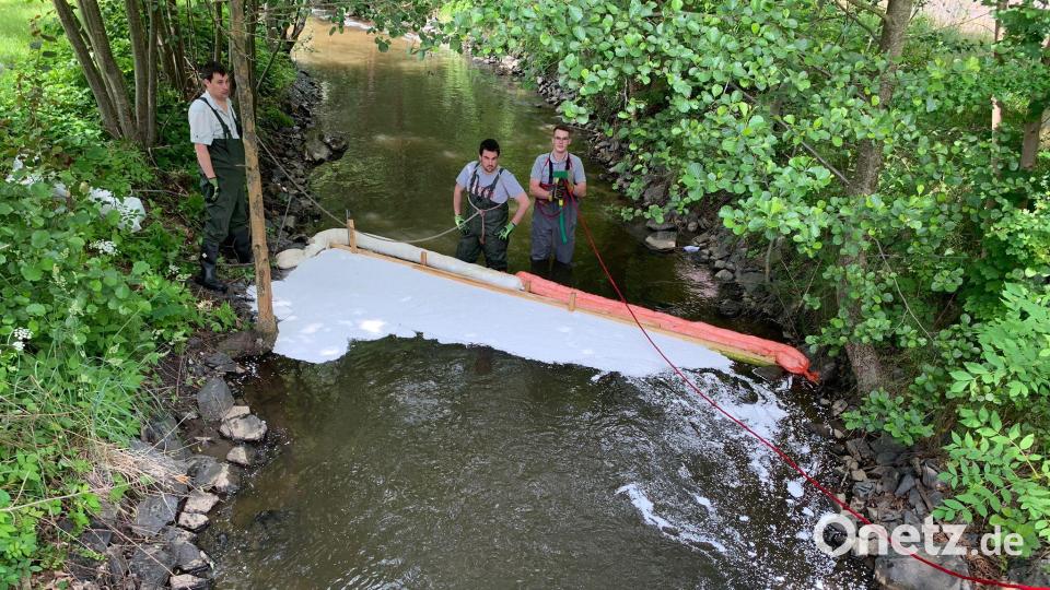 Auf der Wasserfläche des Mühlbachs in Tirschenreuth wurde am Samstag ein Ölfilm entdeckt. Die Feuerwehren Tirschenreuth und Mitterteich brachten Ölsperren an. Bild: Feuerwehr Tirschenreuth/exb