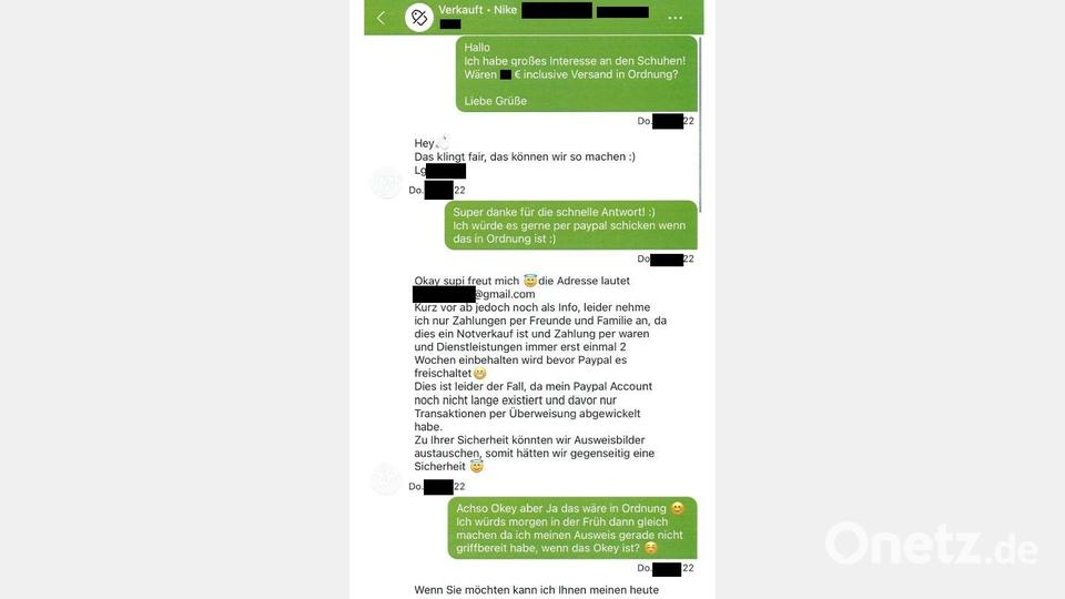 Auf E-Bay Kleinanzeigen bat die vermeintliche Verkäuferin – der noch unbekannte Täter – die Regensburgerin um Bilder ihres Personalausweises. Bild: Polizeipräsidium Oberpfalz