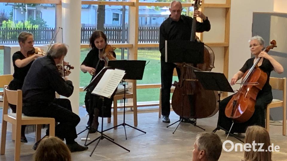 Das Arte Ensemble mit (von links) Oliver Kipp, Theresia Stadlhofer, Anna Lewis, Albert Sommer und Ute Sommer beim 33. Rathauskonzert, das wegen der andauernden Pandemie aus Platzgründen in die Aula der Realschule verlegt worden war. Bild: dob