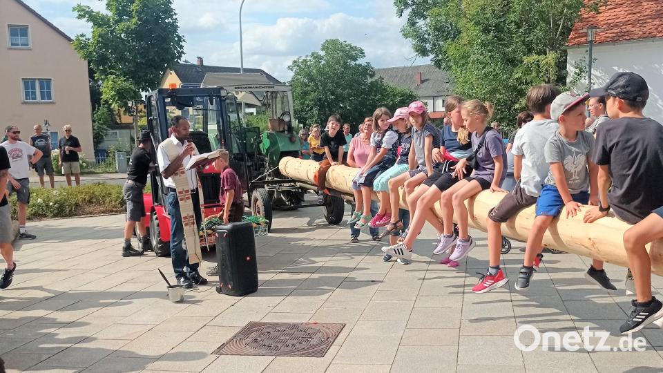 Pfarrer Jaison Thomas segnet wie alle Jahre den Kirwabaum. Die Kinder warten gespannt auf das Aufstellen. Bild: kki