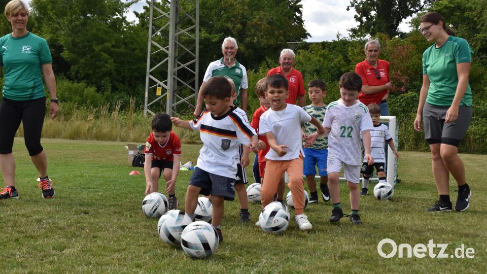 Die &quot;Mini-Kicker&quot; beim Training. Die Betreuerinnen Nina Raab und Angelika Dexheimer links und rechts hinten. Bild: hcz