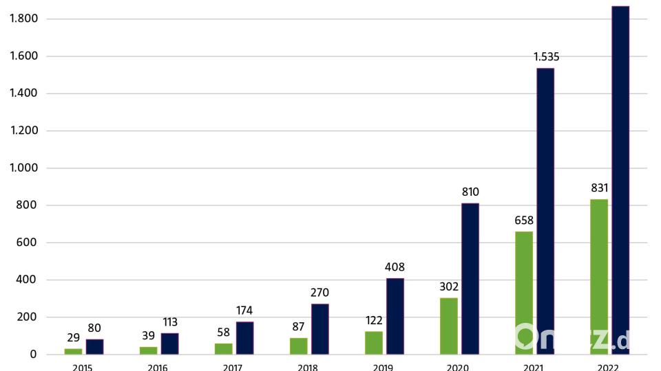 Der Pkw-Bestand vollelektrisch und hybrid nimmt im Landkreis Neustadt/WN seit dem Jahr 2015 enorm zu. Grafik: Oberpfalz-Medien; Quelle: Landkreis Neustadt/WN