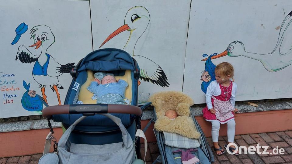 Liam (5 Wochen), Thea (9 Tage) und Elise (2 Jahre), der jüngste Nachwuchs der Siedlung. Die Kinder posieren für ein Erinnerungsfoto vor den Storchenbildern. Bild: ubb