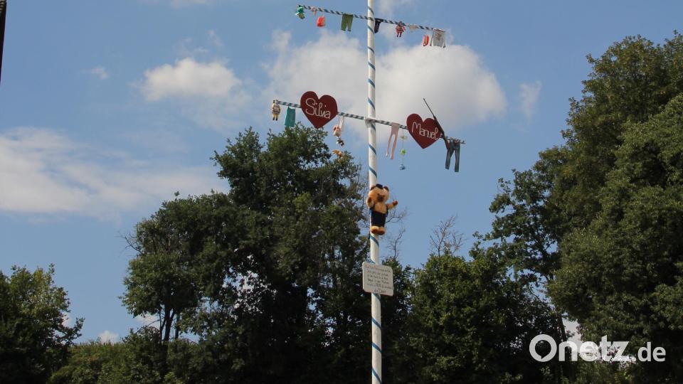 Nur ein kleiner Ausschnitt aus dem 18 Meter hohen Babybaum, den die Dorfgemeinschaft in der Dreiviertelstunde aufgestellt hat, in der sich das junge Paar am Standesamt trauen ließ. Bild: frd