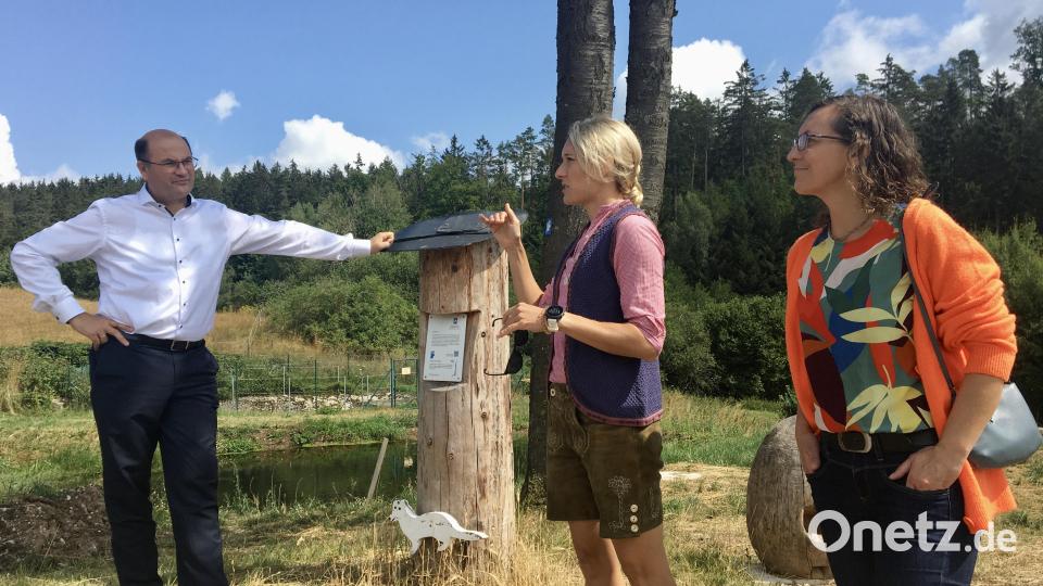 VHS-Leiterin Claudia Mai (Mitte) und AOVE-Geschäftsführerin Katja Stiegler erklärten dem Minister, was mit der Ausbildung von Heimat- und Kulturführern im Landkreis Amberg-Sulzbach erreicht werden soll. Bild: gri