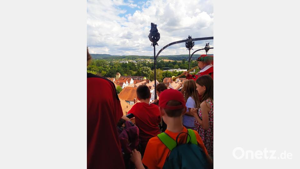 Hoch über den Dächern der Altstadt staunten die Kinder nicht schlecht über Aussicht und Stahls Signalruf. Bild: kki