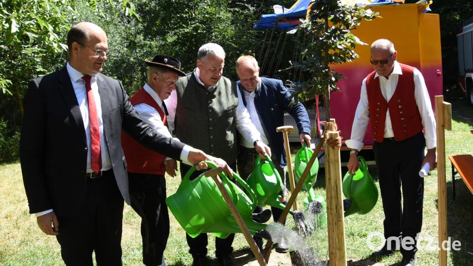 Der Jubiläumsbaum gehört zum Buchbergfest: Heimatminister Albert Füracker, Vorsitzender Erwin Meier, Landrat Richard Reisinger, Bürgermeister Marcus Eichenmüller und 2. Vorsitzender Hans Grieger sorgten für reichlich Wasser für den jungen Baum. Bild: nag