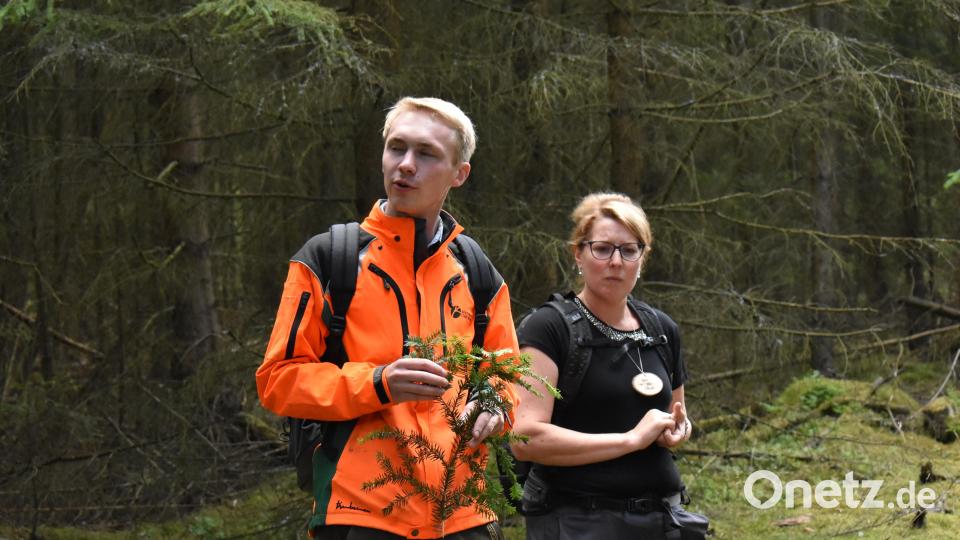 Eine Kooperation für die Umweltbildungsarbeit vor Ort: Johannes Beierl, Student im Forstingenieurswesen der Bayerischen Staatsforsten, und Karo Wenisch, Natur- und Umweltpädagogin der Umweltstation Abtei Waldsassen, bei der Fortbildung für Multiplikatoren am Walderlebnispfad in Waldsassen. Bild: Umweltstation Waldsassen/exb