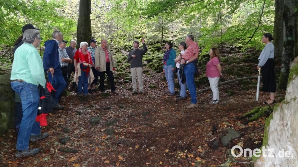 Dr. Hans Losert bringt den Teilnehmern an markanten Stellen – hier der Blick vom Osttor auf die Blockhald im Hintergrund – die geschichtlichen Hintergründe näher. Bild: K. Pühl/exb