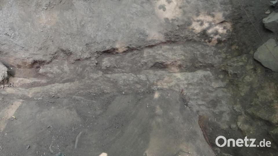 Der in die Schlotbrekzie eingearbeitete Palisadengraben für die Rückwand einer Mauer. Entstanden im 5. Jahrhundert vor Christus. Bild: K. Pühl/exb