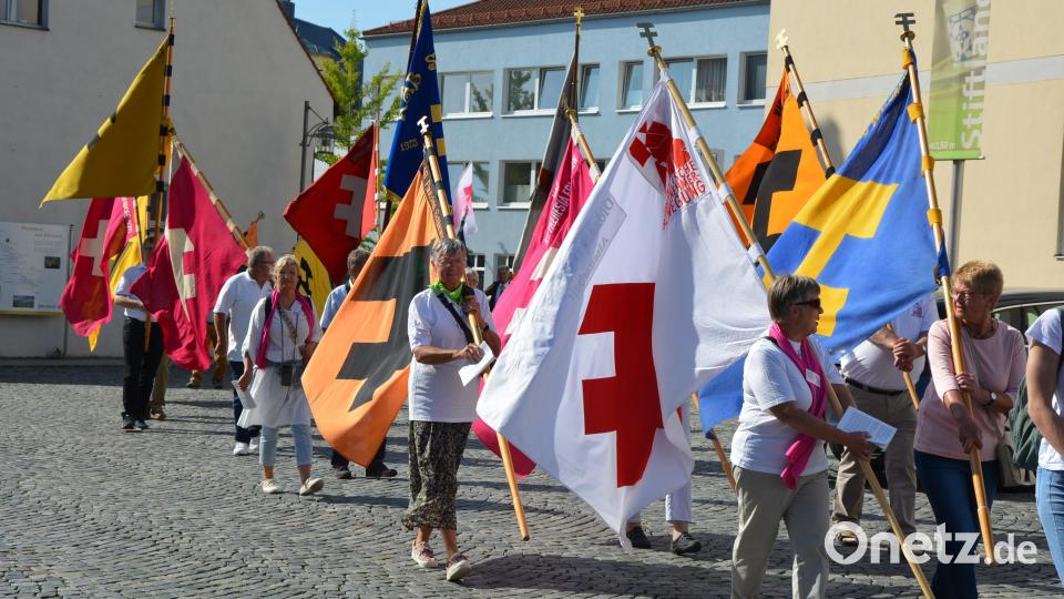 Angeführt von knapp 20 Fahnenträgern zogen die Bamberger KAB-Senioren von der Mittelschule zur Basilika. Bild: jr