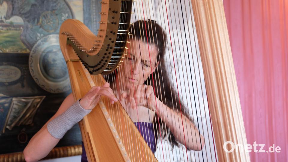 Harfenistin Silke Aichhorn an ihrer Konzertharfe im Musiksaal des Klosters Speinshart. Bild: do