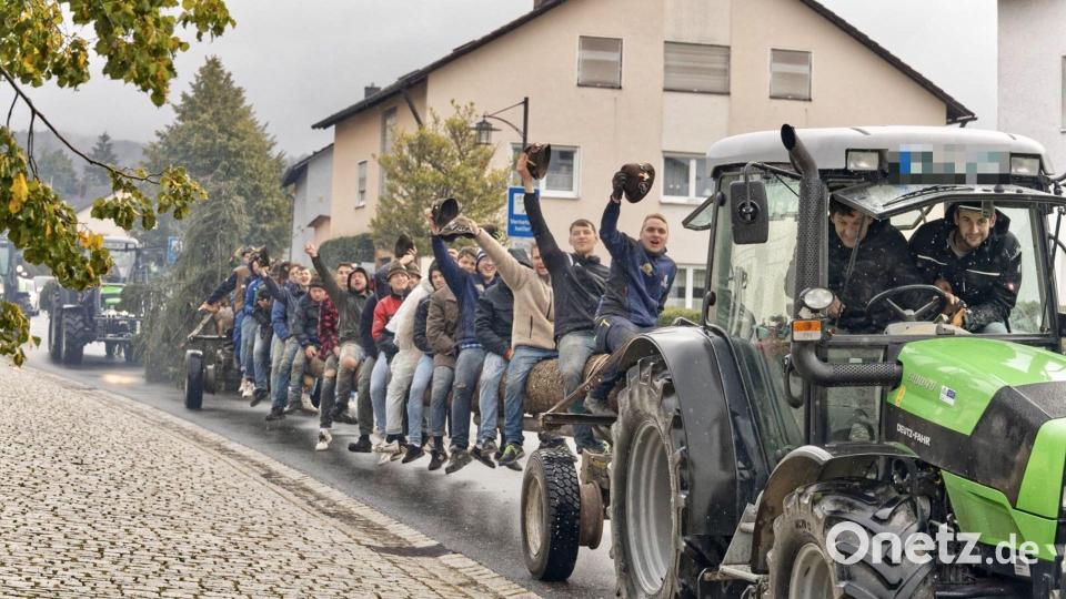 Beim Kirwabaumaufstellen helfen die Burschen zusammen. Von den Böllerschützen werden sie beim Eintreffen im Dorf begrüßt. Bild: gri