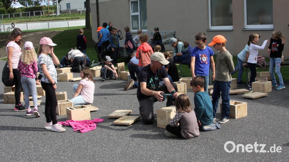 Beim Ferienprogramm der Imker wurde aus dem Schulhof eine Holz-Werkstatt. Bild: wro