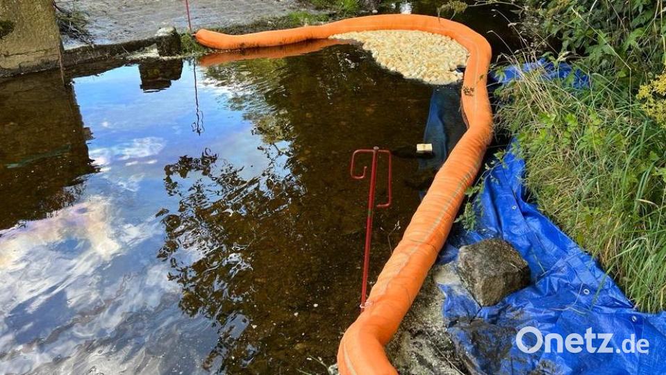 Zu einem Gefahrstoffeinsatz kam es am Mittwochnachmittag in Pullenreuth. Bei Reinigungsarbeiten war Öl über die Kanalisation in den Höllbach geflossen. Feuerwehr, Polizei und Wasserwirtschaftsamt waren im Einsatz. Bild: Feuerwehr Kemnath/exb