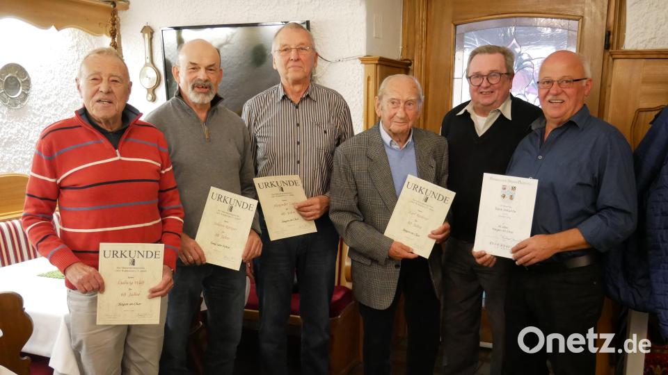 Auszeichnungen für langjähriges aktives Singen im Chor überreichte Vorsitzender Klaus Rösch (Zweiter von rechts) an Ludwig Wolf, Johannes Röttges, Alexander Zagler, Karl Riederer und Konrad Lang (von links). Bild: hmr