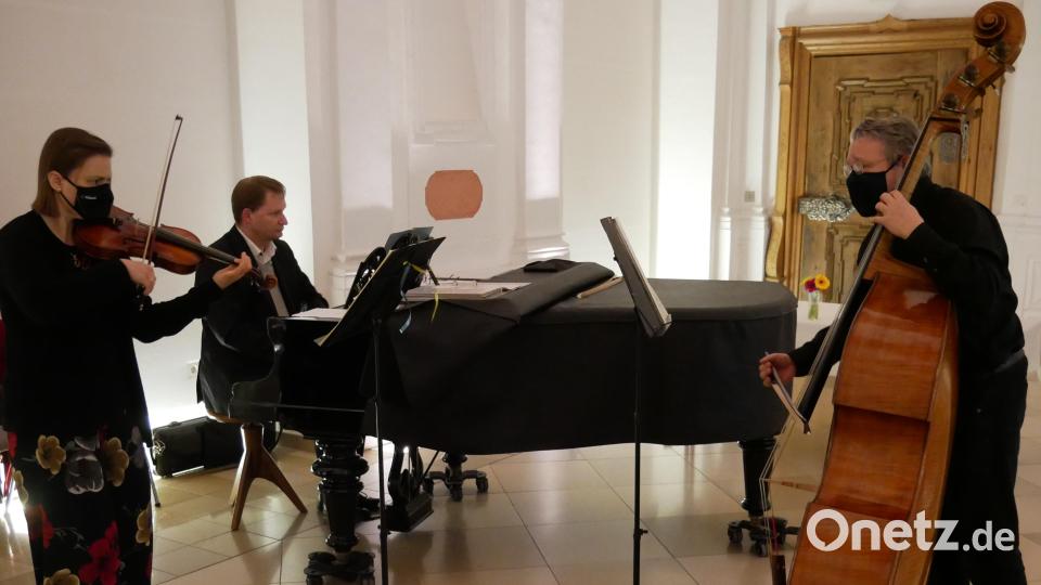 Für die musikalische Umrahmung des Ehrenabends der Stadt Waldsassen sorgten in professioneller Weise Stefanie Heinrich mit der Violine, Hermann Heinrich mit dem Violoncello und Andreas Sagstetter am Klavier. Bild: hmr