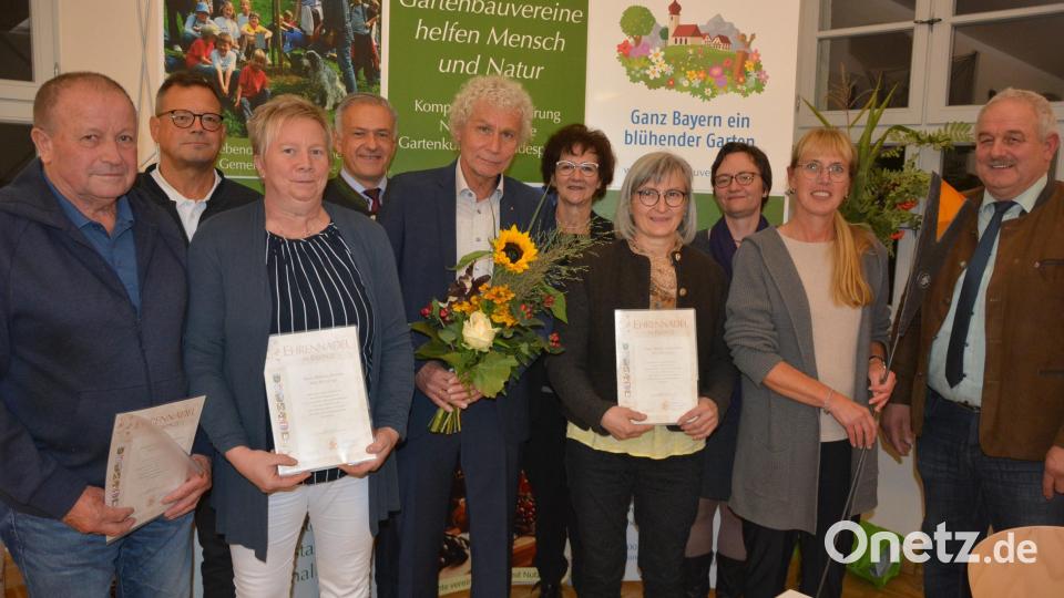 Beim Kreisverband für Gartenbau und Landschaftspflege gab es einige Ehrungen: (von links) Hubert Ebenhofer, Kreisfachberater Harald Schlöger, Marion Puchta, Kreisvorsitzender Roland Grillmeier, Ehrenvorsitzender Wolfgang Lippert, stellvertretende Kreisvorsitzende Inge Härtl, Maria Frauenholz, Kreisfachberaterin Manuela Pappenberger, Christine Böhm und Bürgermeister Johann Burger. Bild: jr