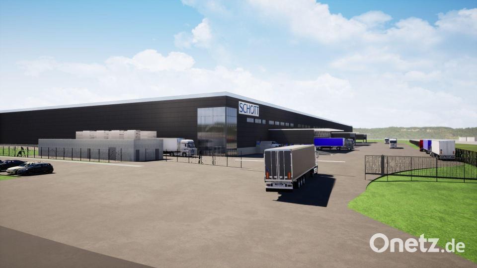 So wird das neue Schott-Gebäude an der A93 einmal aussehen. Ende 2023 soll das Logistikzentrum des Spezialglasherstellers stehen. Bild: CK Archipro, Christos Karavouzis