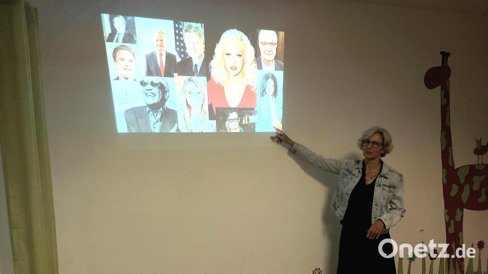 Dr. Melanie Wolters vor einer Collage mit Prominenten, die im Lauf ihres Lebens eine hohe Resilienz gezeigt hätten. Bild: jzk