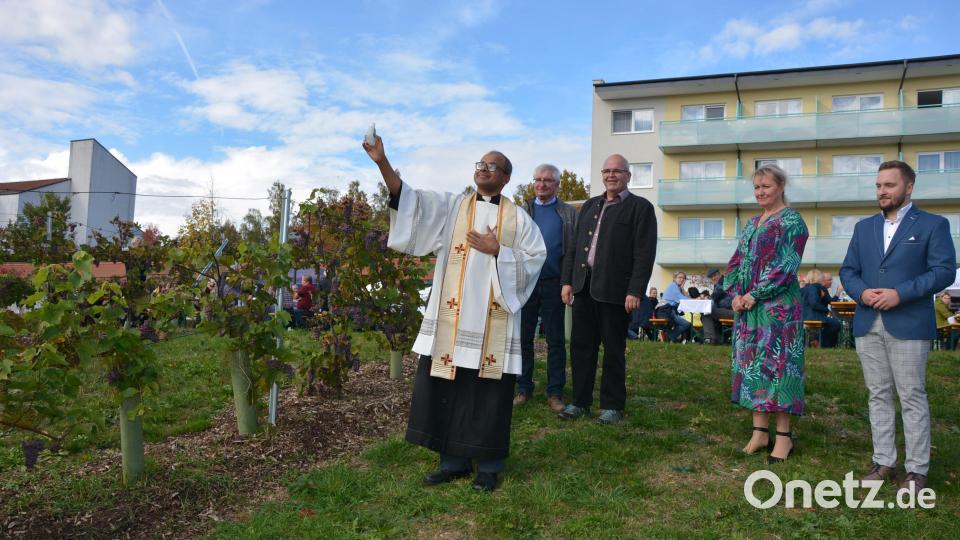 Pfarrer George Parankimalil (links) erbat Gottes Segen für den Weinberg. Mit dabei waren (von rechts) die Geschäftsführer Bruno Misik, seine Mutter Marta Misikova, Bürgermeister Klaus Meyer und Sibyllenbad-Geschäftsführer Gerhard Geiger. Bild: jr