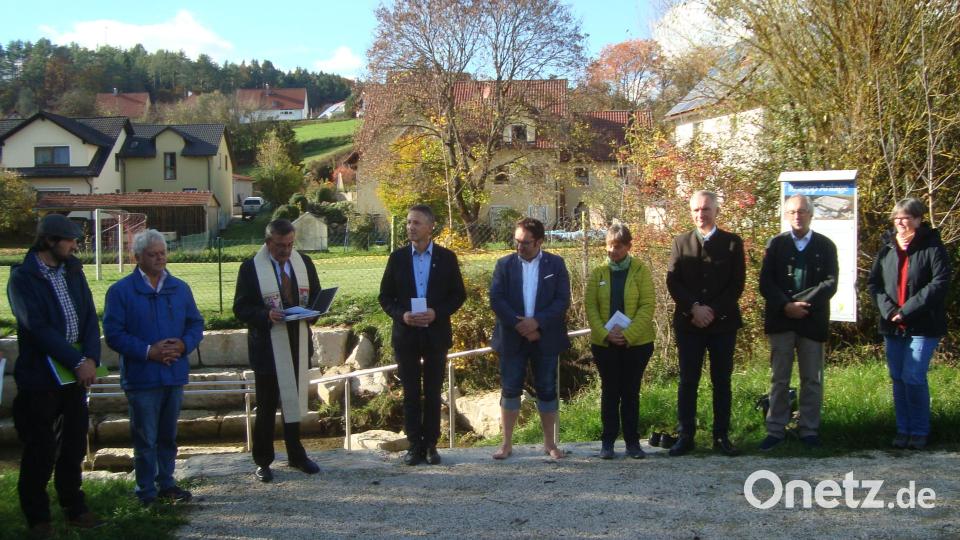 Vertreter aller ausführenden Organe und Ehrengäste freuten sich über „den Gewinn für alle“ am Hausener Bach. Von links: Christopher Trepesch, Johann Schmaußer, Pfarrer Klaus Birnthaler, Bgm. Albert Geitner, MdL Tobias Gotthard, Evelin Hensel,MdL Dr. Harald Schwartz, Stellv. LR Franz Mädler, und Isabel Lautenschlager. Nicht auf dem Bild sind Johanna Drexler von der Regierung der Oberpfalz, Bauhofleiter Fredi Stich, Alexander Donhauser (Garten- und Landschaftsbau Ransbach) und Nina Forster v. d. Gem. Urs. Bild: schß