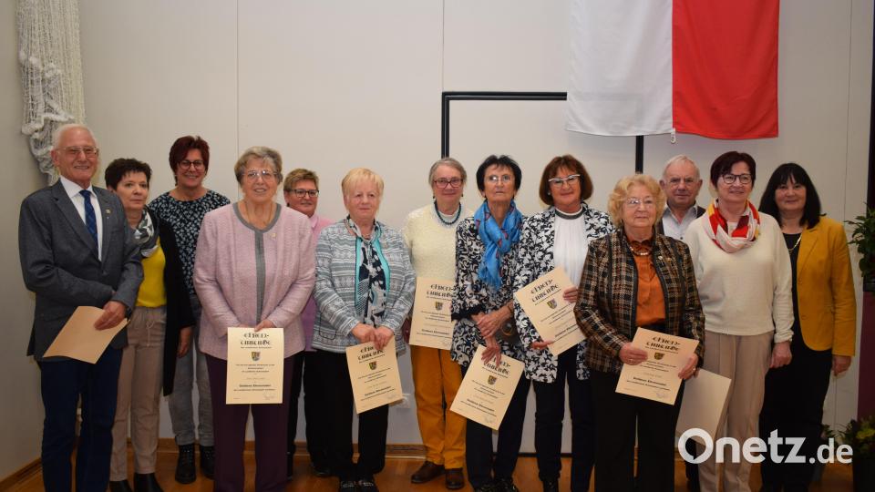 Stellvertretende Landrätin Birgit Höcherl ehrte verdiente Mitarbeiter der Seniorenarbeit im Landkreis Schwandorf mit Urkunde und der goldenen Ehrennadel. Bild: bnr
