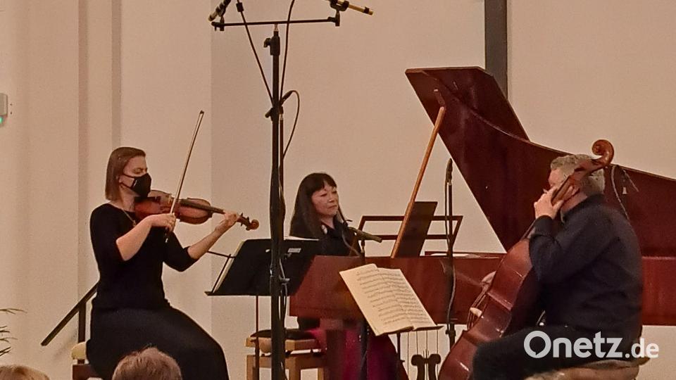 Stefanie Heinrich, Riko Fukuda und Hermann Heinrich beim Jubiläumskonzert im Festsaal von Schloss Fockenfeld. Bild: Johannes Röttges/exb