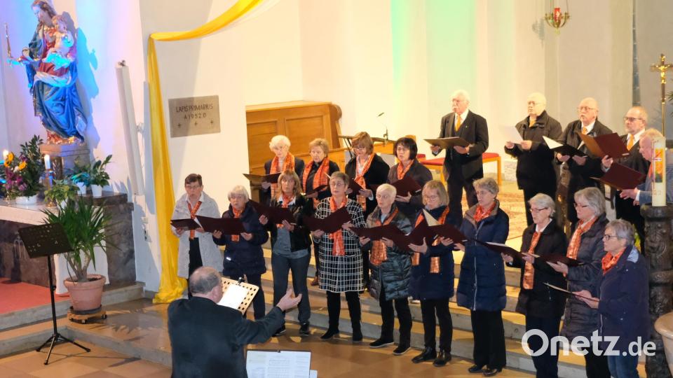 Stimmlich gut aufgestellt präsentieren die Mitglieder des Gastgeberchores, des Gesang- und Musikvereins Schwarzenfeld, ihre Beiträge zum Marienlob in der Pfarrkirche Mariä Himmelfahrt. Bild: mab