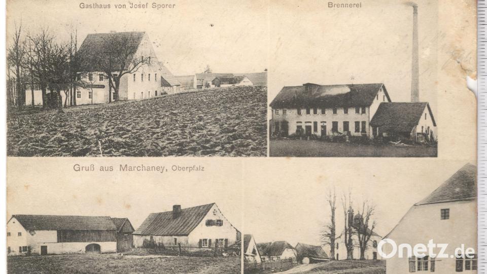 „Gruß aus Marchaney“: Diese Postkarte aus dem Privatbesitz der Familie Sporrer (ehemals Gasthaus) ist gestempelt im Jahr 1915 und zeigt Ansichten vom Dorf vor dem Brand im gleichen Jahr. Dabei wurde die Jakobuskirche massiv beschädigt. Bild: Archiv Sporrer/exb