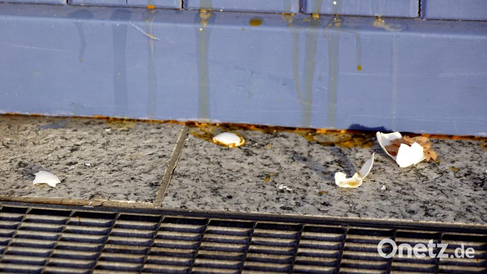 Eierschalen vor der Tür und ein großer gelber Fleck an im oberen Drittel der Eingangstür zur Zahnarztpraxis von Dr. Katrin Regler sind deutliche Spuren des Unfugs. Bild: bkr