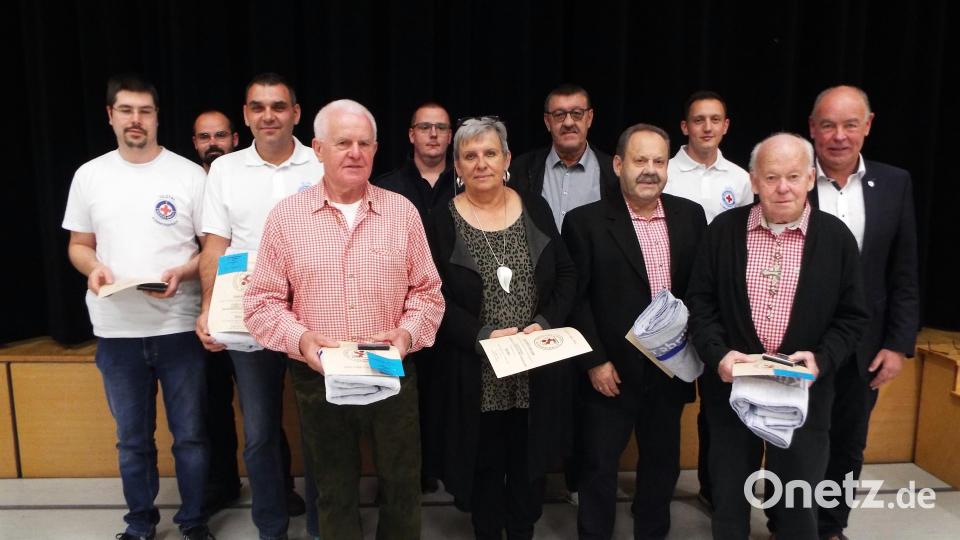 Josef Meiler (Zweiter von rechts) ist mit seinen 50 Jahren als Vorsitzender der Huzaboum Penkhof der langgedienteste unter den geehrten aktiven Funktionären, die Bürgermeister Roland Strehl auszeichnet. Bild: e