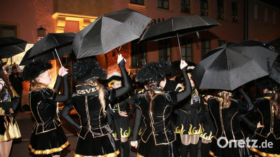 Mit aufgespannten Regenschirmen machten die Garden auf das undichte Dach der Stadthalle aufmerksam. Bild: sne
