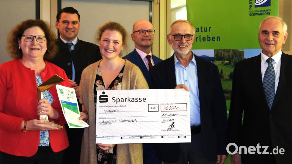 Zweite Bürgermeisterin Rita Salomon, Lehrerin Marie Fischer und Fördervereinsvorsitzender Josef Salomon (vorne von links) nahmen den Zukunftspreis für die Grundschule Niedermurach entgegen, den Vorsitzender Alois Hagl (rechts), Landrat Thomas Ebeling (Zweiter von links) und der Leiter der Schulabteilung, Thomas Unger (Mitte), überreichten. Bild: Hirsch