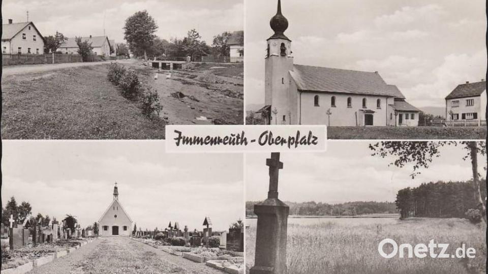 Eine Postkarte aus dem Jahr 1940 zeigt unter anderem Die Herz-Jesu-Pfarrkirche (rechts oben) sowie den Friedhof (links unten). Bild: Archiv Pfarrei Immenreuth/exb