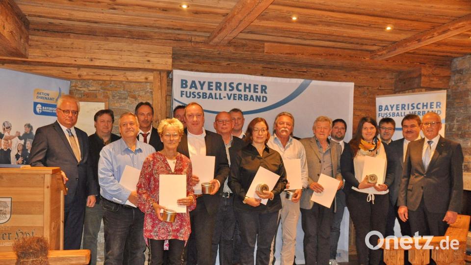 Die Ehrenamtspreisträger des Kreises 2 Amberg/Weiden mit dem BLSV-Bezirksvorsitzenden Hermann Müller (Zweiter von links) und dem stellvertretenden BFV-Bezirks- und Kreisvorsitzenden Albert Kellner (Zweiter von rechts). Bild: Andreas Allacher/BFV/exb