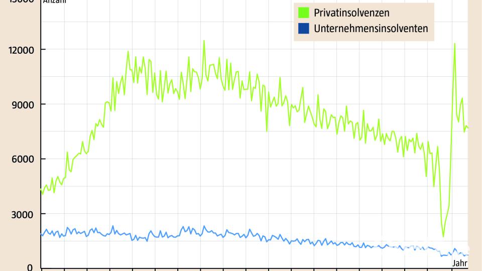 Die Zahl der Unternehmensinsolvenzen ist 2020 und 2021 in Deutschland leicht gesunken, die Zahl der Privatinsolvenzen ist 2021 rasant angestiegen. (Quelle: Statistisches Bundesamt) Bild: Thimo Kriegbaum
