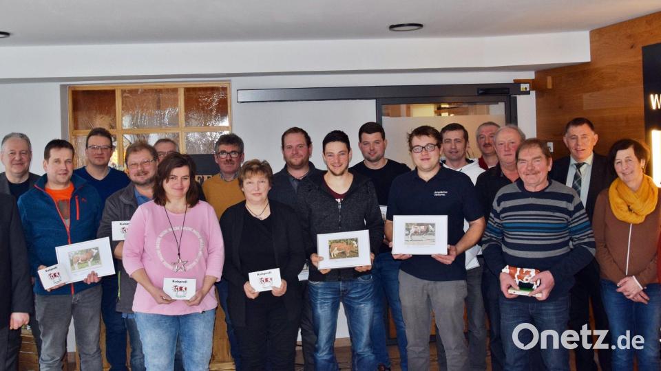 Geehrte Landwirte und Ehrengäste (von links): Bürgermeistern Michael Göth, Vorsitzender der Kreisrinderzuchtgenossenschaft Amberg-Sulzbach, Uwe Herrmann, Landrat Richard Reisinger; Robert Graf (Mülles); Martin Hubmann (Iber), Günther Stark (Betzenberg), Markus Luber (Konradinsgrund), Gisela Wagner (Neutras), Albert Schreglmann (Kainsricht), Helga Luber (Schnellersdorf), Michael Neidl (Haselmühl), Matthias Willax (Wutschdorf), Johannes Feigl (Götzenöd), Florian Pirner (Pürschläg), Claus Pilhofer (Seidersberg), Andreas Wendl (Mausdorf), Georg Bär (Woppenthal), Gerhard Regler (Boden), Zuchtleiter Thomas Nibler; Kreisbäuerin Erika Loos und Fachberaterin Miriam Mehrl. Bild: Dr. Thomas Nibler/exb