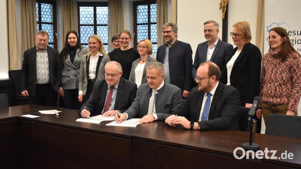 Als erstes unterzeichneten die Charta zur Betreuung schwerstkranker und sterbender Menschen Weidens Bürgermeister Lothar Höher (vordere Reihe, von links), Landrat Roland Grillmeier (Landkreis Tirschenreuth) und Landrat Andreas Meier (Landkreis Neustadt/WN). Bild: lue