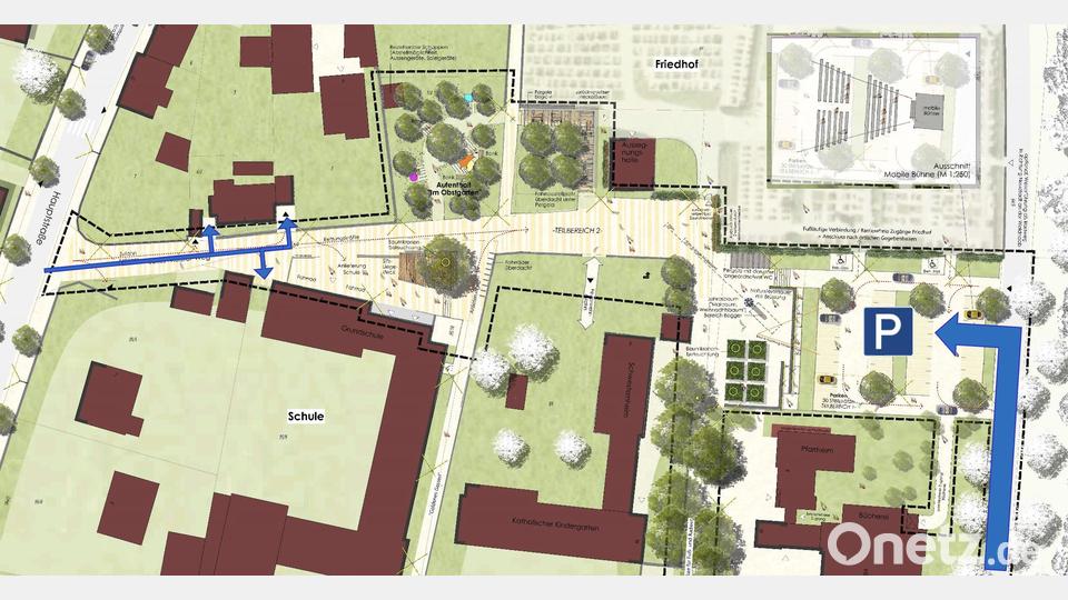 So könnte das Areal zwischen Grundschule, Friedhof und katholischer Kirche am Julius-Meister-Weg einmal aussehen, wenn es autofrei ist. Die blauen Pfeile markieren, bis wohin Autos noch fahren dürften. Grafik: SIREG-RSP/exb