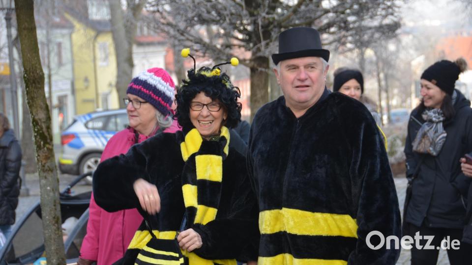 Stellvertretende Landrätin Margit Kirzinger in Begleitung als flotte Biene verfolgte den Faschingsumzug ebenfalls begeistert mit. Bild: dob