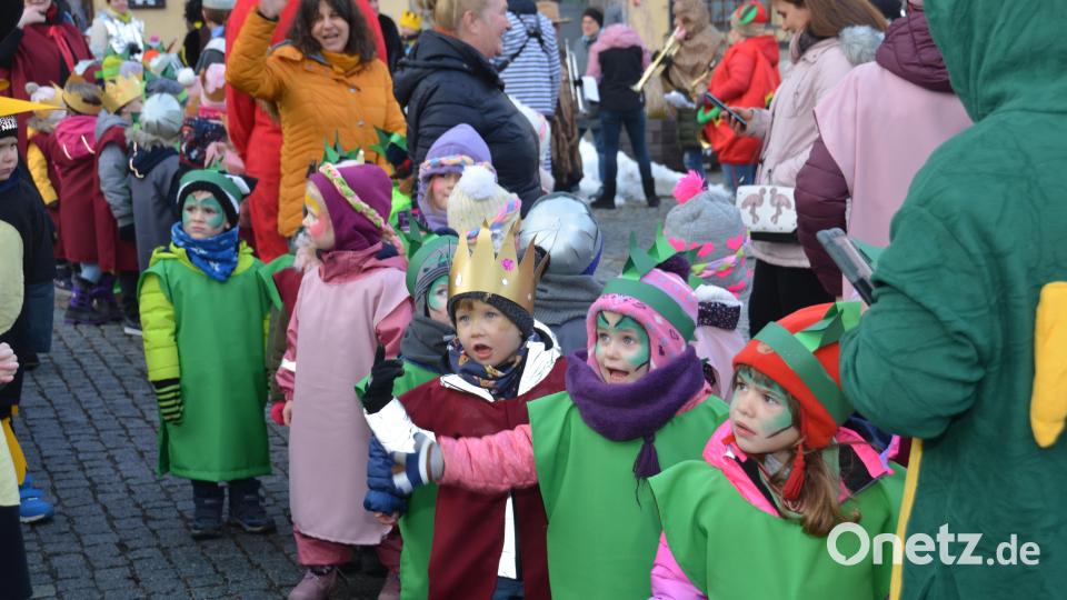 Burgfräulein, Ritter und grüne Drachen wählte das Haus für Kinder Gottfried Sperl in diesem Jahr als Thema für den Faschingsumzug aus. Ein bunter Kindergaudiwurm schlängelte sich am Mittwochvormittag durch die Stadt. Die Zuschauer klatschten begeistert Beifall und erwiderten die &quot;Vohenstrauß Helau&quot;-Rufe der Kinder, die sich in einfallsreichen Kostümierungen präsentierten. Bild: dob