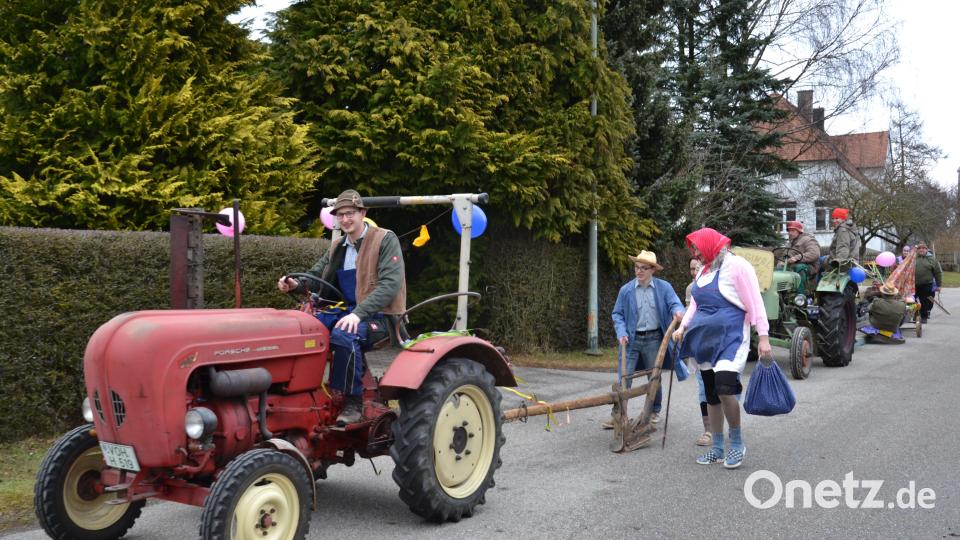 Der Faschingsverein Etzgersrieth ackert mit viel Gaudi und Spaß die „Fosnacht“ aus. Am Pflug stand Michael Steinhilber. Bild: gi