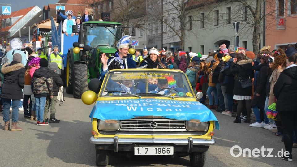 Mit Cabrio und Wagengespann nahm die Faschingsgesellschaft Weiß-Blau Wiesau teil. Bild: jr