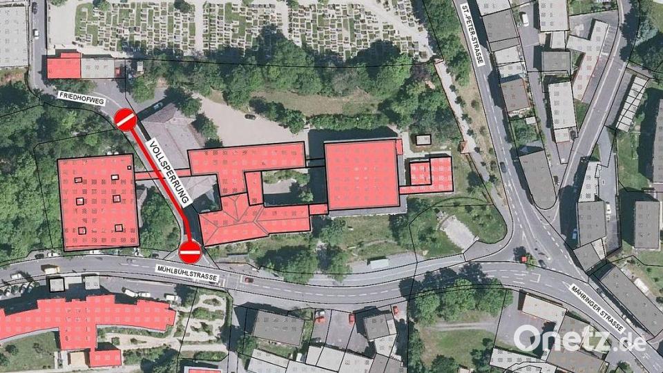 Die Grafik zeigt den betroffenen Teilbereich der Vollsperrung des Friedhofwegs. Bild: Stadt Tirschenreuth/exb