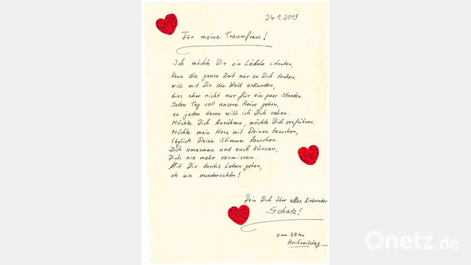 Zum 38. Hochzeitstag hat Joachim Maier diese Zeilen an seine Traumfrau geschrieben. Bild: NT/AZ